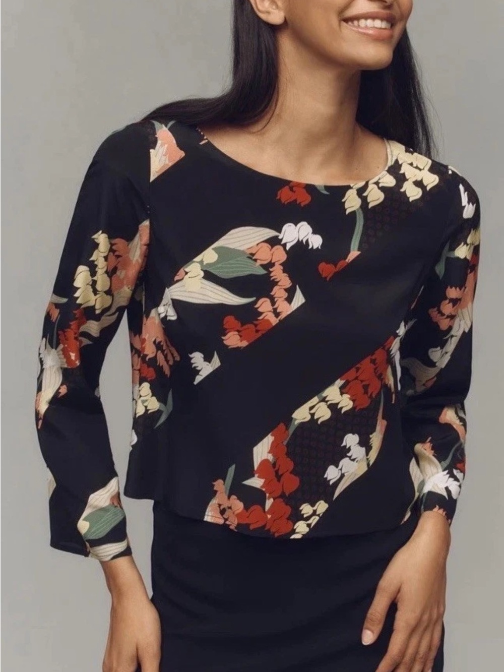 Anthropologie RIXO 100% Silk Floral Print Crop Blouse Long Sleeve Black Top 8 M
